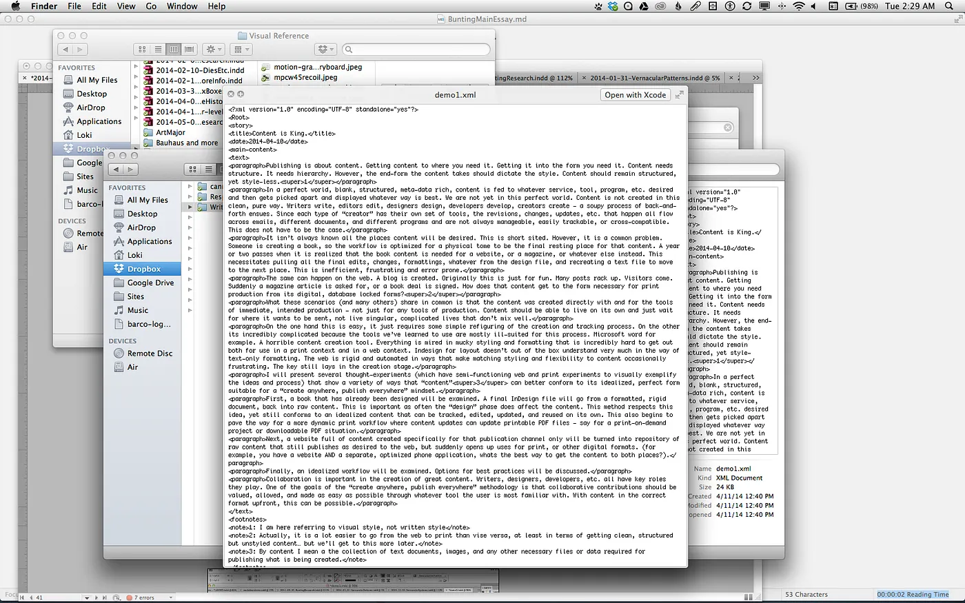 A 2014 desktop screenshot: Finder windows open to project folders, an XML file open showing structured markup tags around paragraph text, next to an InDesign layout containing the same text as a formatted essay draft titled “Content is King”