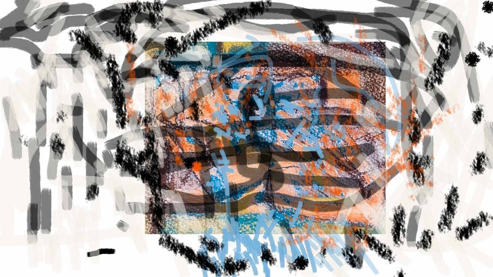 A warm orange, blue, and black abstract digital drawing inset within a full-bleed page of gray scribble brushstrokes radiating outward like a halo