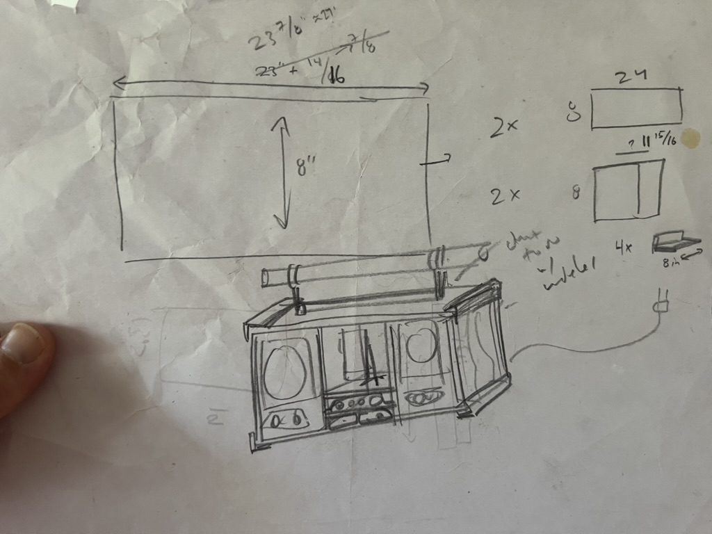 Pencil sketch of the boombox with hand-labeled dimensions, 23 7/8 by 8 inches, and a cut list for the plywood pieces