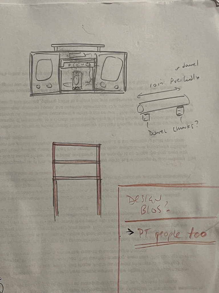 Pencil sketch of the boombox's classic silhouette next to a detail sketch of the dowel handle joinery