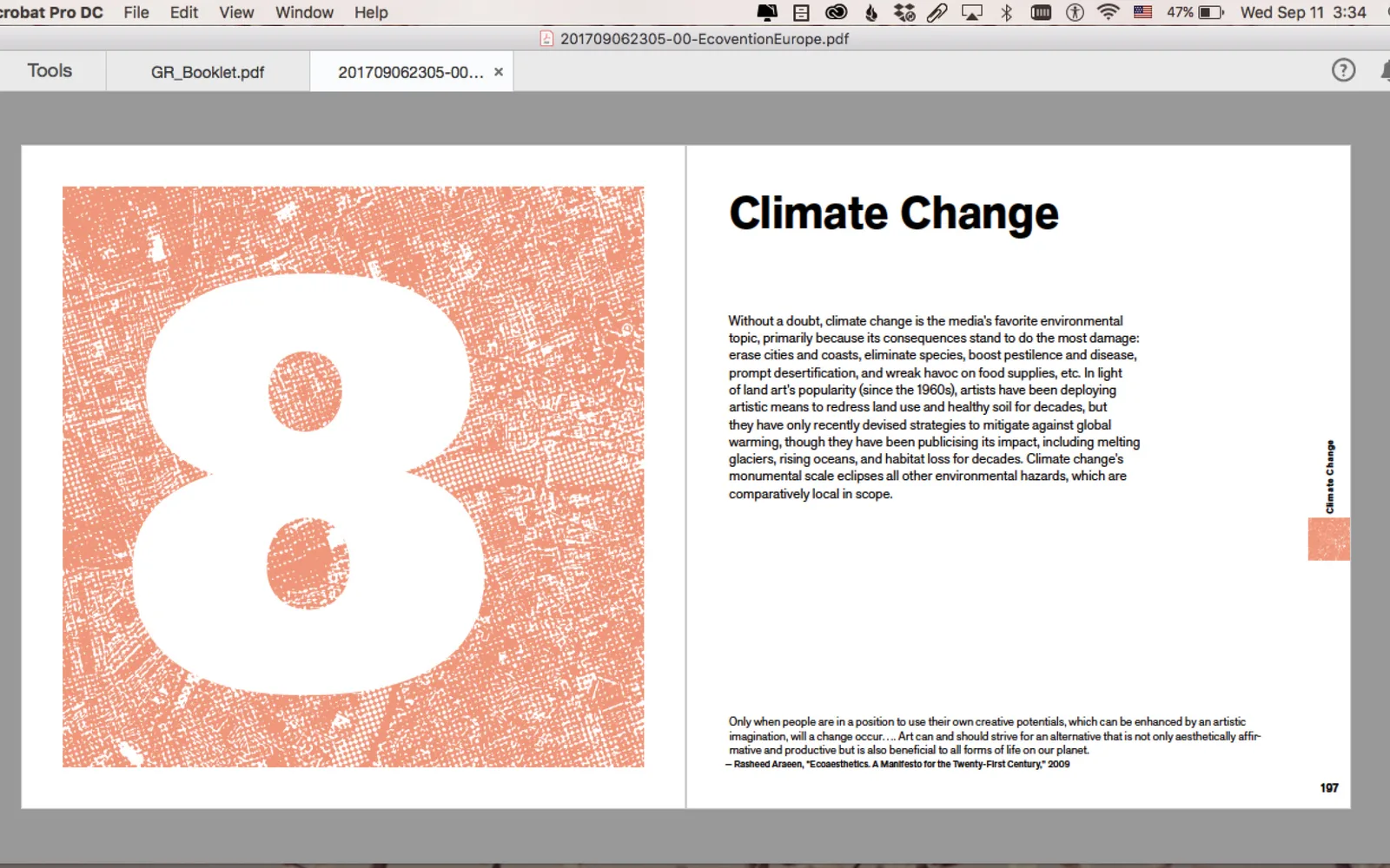 Ecovention Europe section opener “Climate Change”: a huge white numeral 8 knocked out of a salmon-pink map texture, with a short block of text