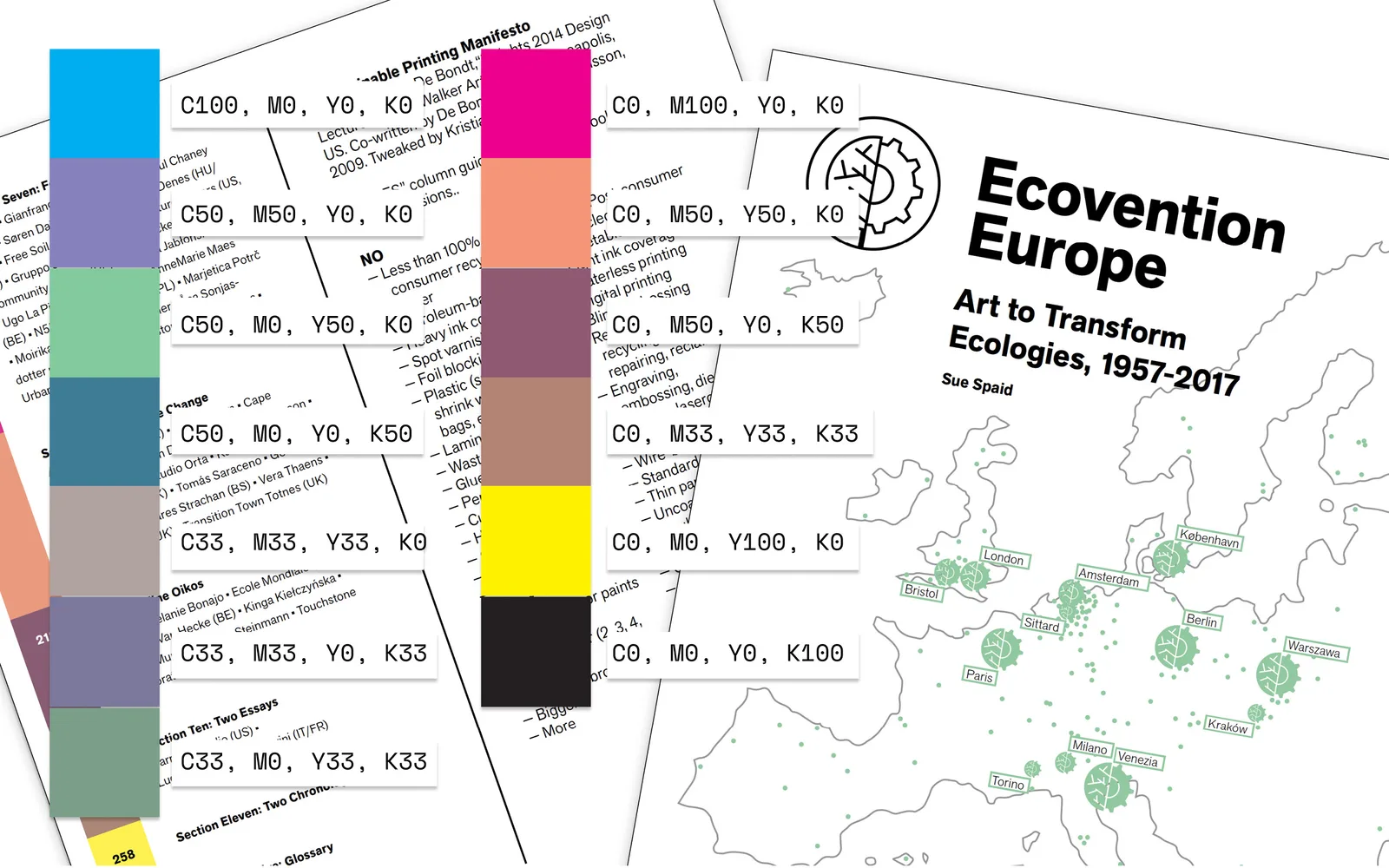 Ecovention Europe color swatches, each labeled with its CMYK mix, beside a map poster; every mix adds up to 100% ink or less and black is plain 100% K