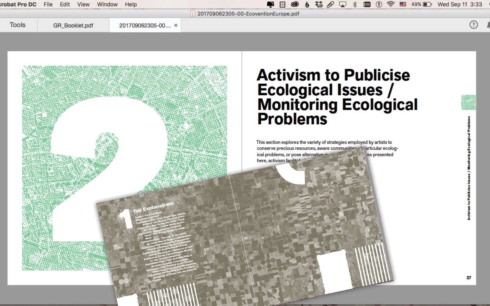 Ecovention Europe section opener 2, “Activism to Publicize Ecological Issues / Monitoring Ecological Problems”: a large white numeral 2 over a green map texture, with a folded printed sample lying across it