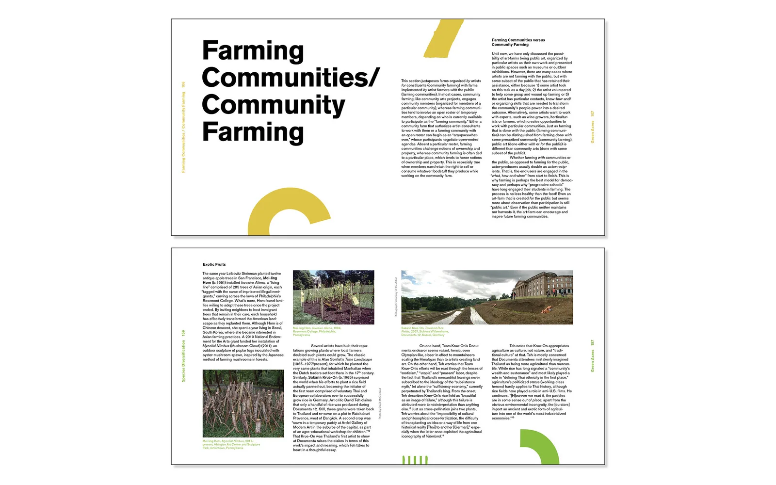 Two spreads from Green Acres: a section opener titled “Farming Communities / Community Farming” beside a text spread with photographs of planted fields