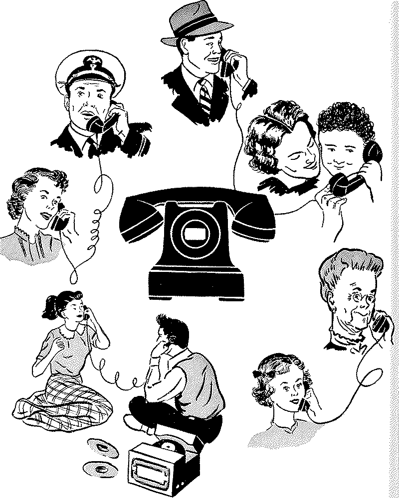 A semiotic stand in for Contact -- Vintage illustration of people from various walks of life talking on telephones, surrounding a rotary phone.