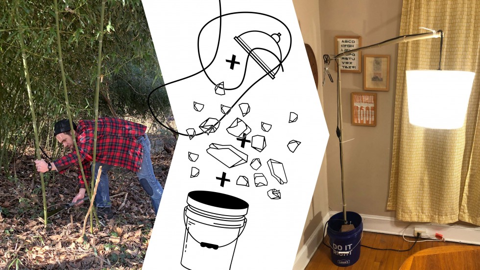 Three panels: someone cutting bamboo in a backyard grove; a line drawing adding a clip light, a cord, rubble and a five-gallon bucket; the finished lamp, a bamboo pole standing in a rock-filled bucket with a glowing white shade, in a living-room corner